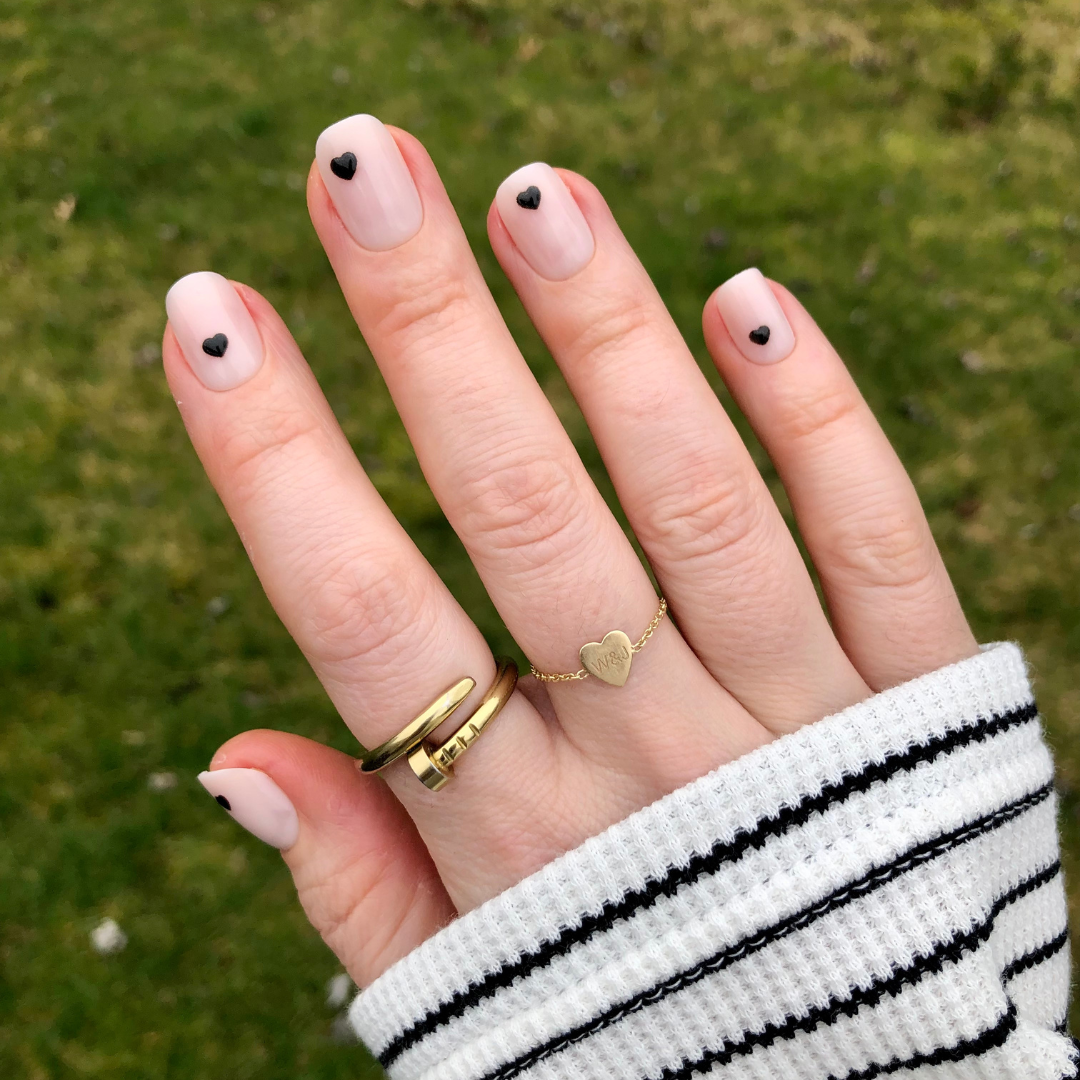 Puffy Vampy Heart - Press-On | Extra Short | Squoval showing natural nails with extra short squoval false nails and raised dark heart accents