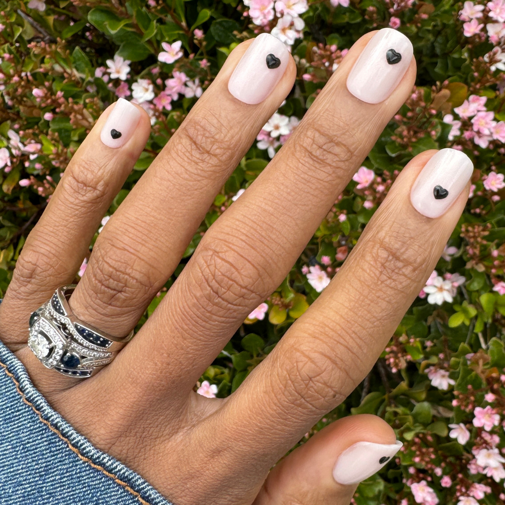 Puffy Vampy Heart - Press-On | Extra Short | Squoval showing neutral mani with raised black heart accents on extra short nails