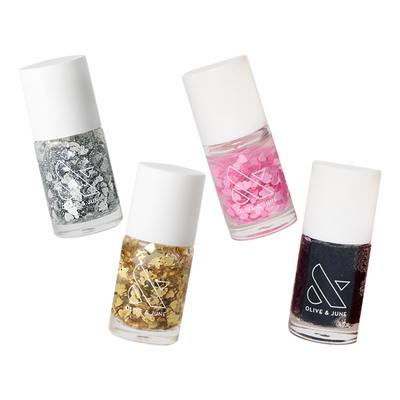 Valentine Mini Polish Set with four mini sequin heart polishes in silver, gold, pink, and dark red for playful manis Valentine Mini Polish Set  Nail Polish