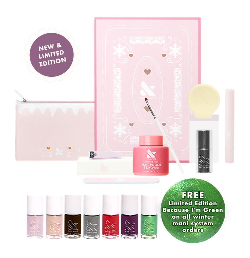 A wintery cookie tin pink designed box and pouch with all the tools yyou need for a perfect mani, the 6 new fall shades, and A limited edition shimmery green polish gift with every winter mani system order.