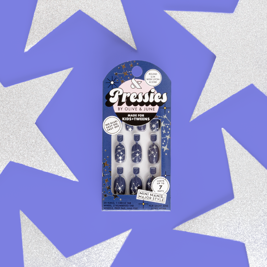 Wish Upon A Star - Pressies | Short Medium | Round showing dark navy press-on nails with silver star constellation for kids mani