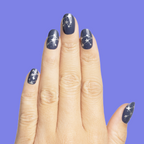 Wish Upon A Star - Pressies | Short Medium | Round showing dark navy press-on nails with silver star constellation nail art manicure