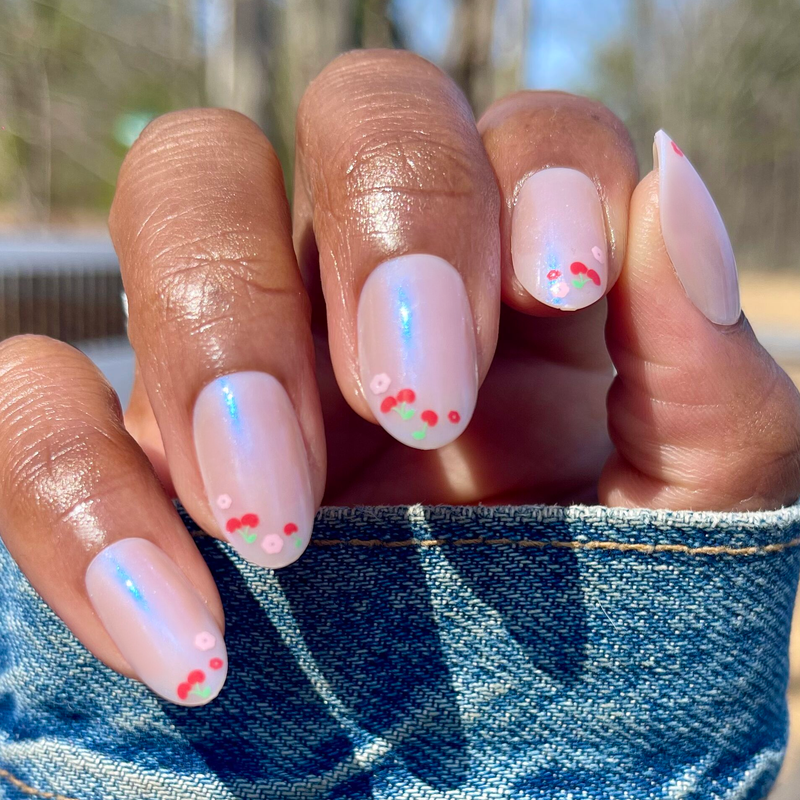 picture of Cherry Floral Chrome French - Press-On | Medium | Oval