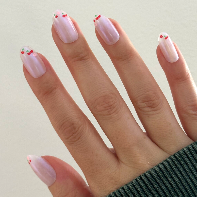 picture of Cherry Floral Chrome French - Press-On | Medium | Oval