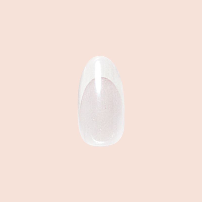Chrome French - Press-On | Medium | Oval showing a clear base with shimmering chrome medium oval false nail on soft pink background
