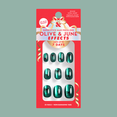 Emerald Velvet with Black Bow - Tab Press-On | Extra Short | Round Emerald Velvet with Black Bow - Tab Press-On | Extra Short | Round  Tab Press-On