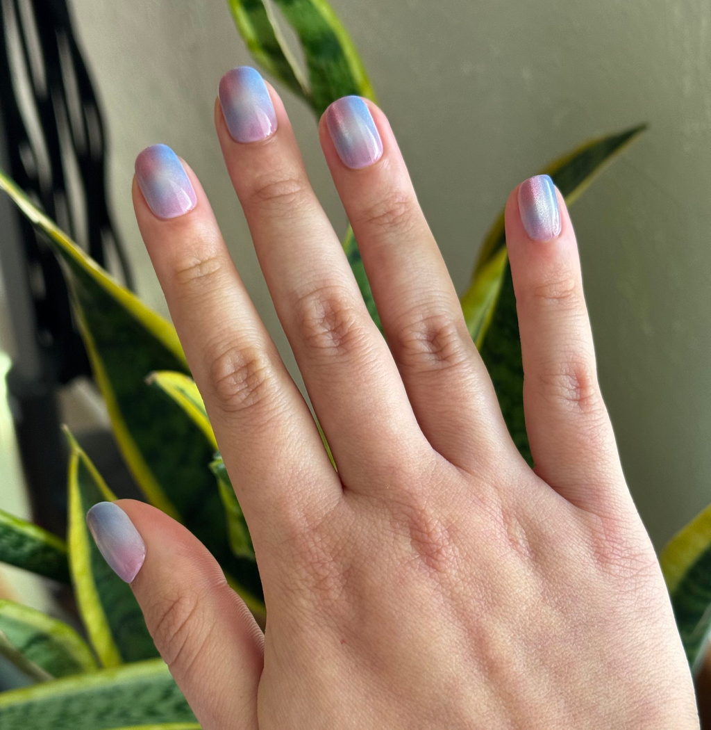 Fairy Velvet | Extra Short | Squoval - Tab Press-On nails with soft pink and blue gradient for a quick at-home manicure