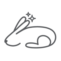 Simple gray line art of a resting rabbit with two small star shapes above its head on a transparent background