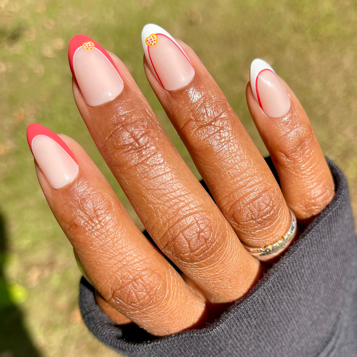 I Heart Pizza French - Press-On | Medium | Almond nails with red and white French tips and heart-shaped pizza accents on natural base