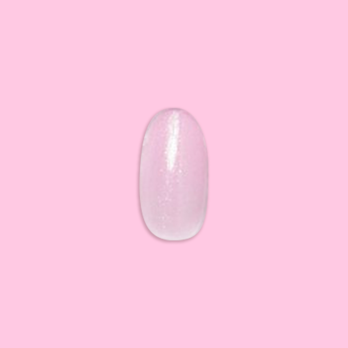 Iridescent Pink - Press-On | Medium | Oval showing single medium oval false nail with soft pink shimmery finish on pink background