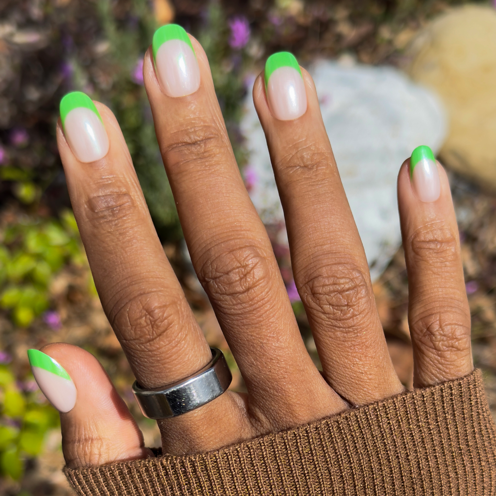 Lime Chrome French - Press-On | Short | Round with sheer base and neon lime chrome tips for easy at-home mani