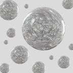 Glossy silver glitter polish droplets in Midnight Disco showing ultrafine shimmer on a neutral gray background