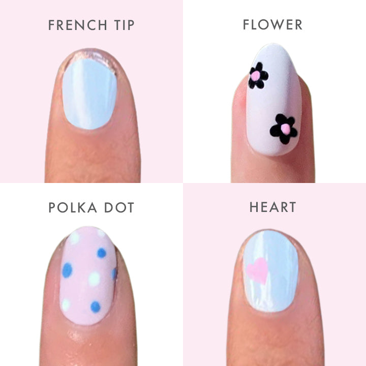 Nail Art Pen - Boost showing four easy nail designs: French tip, flower, polka dot, and heart for at home mani