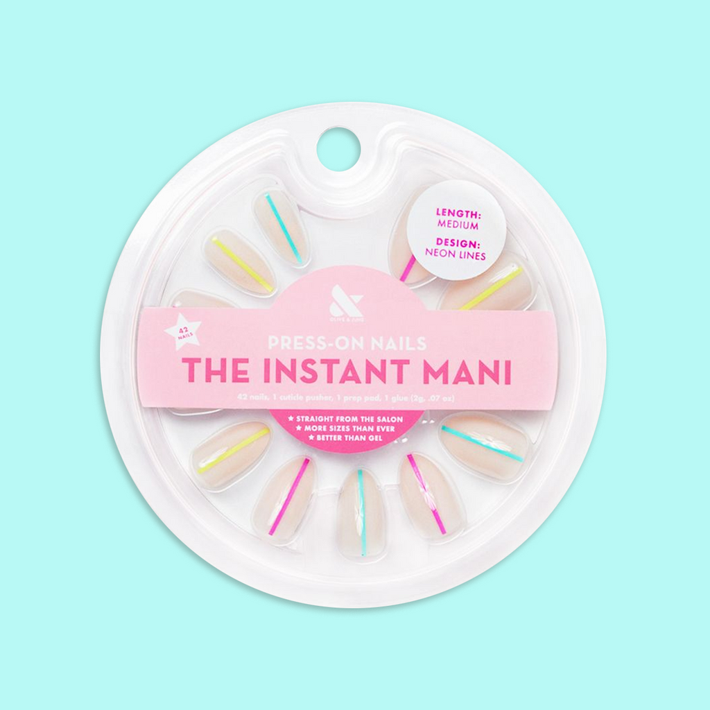 Neon Lines - Press-On | Medium | Almond showing medium almond press-on nails with neon line design in round packaging on blue background