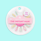Neon Lines - Press-On | Medium | Almond showing medium almond press-on nails with neon line design in round packaging on blue background