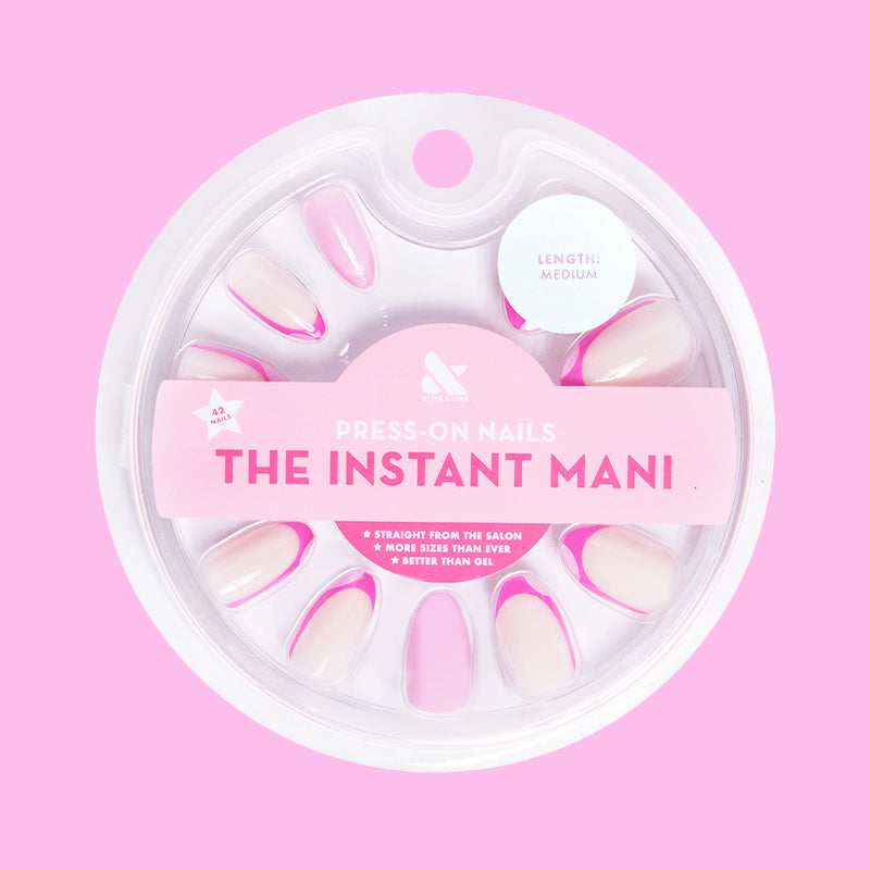 Pink Party French - Press-On | Medium | Almond false nails with pink and french tip design for easy at home manicure