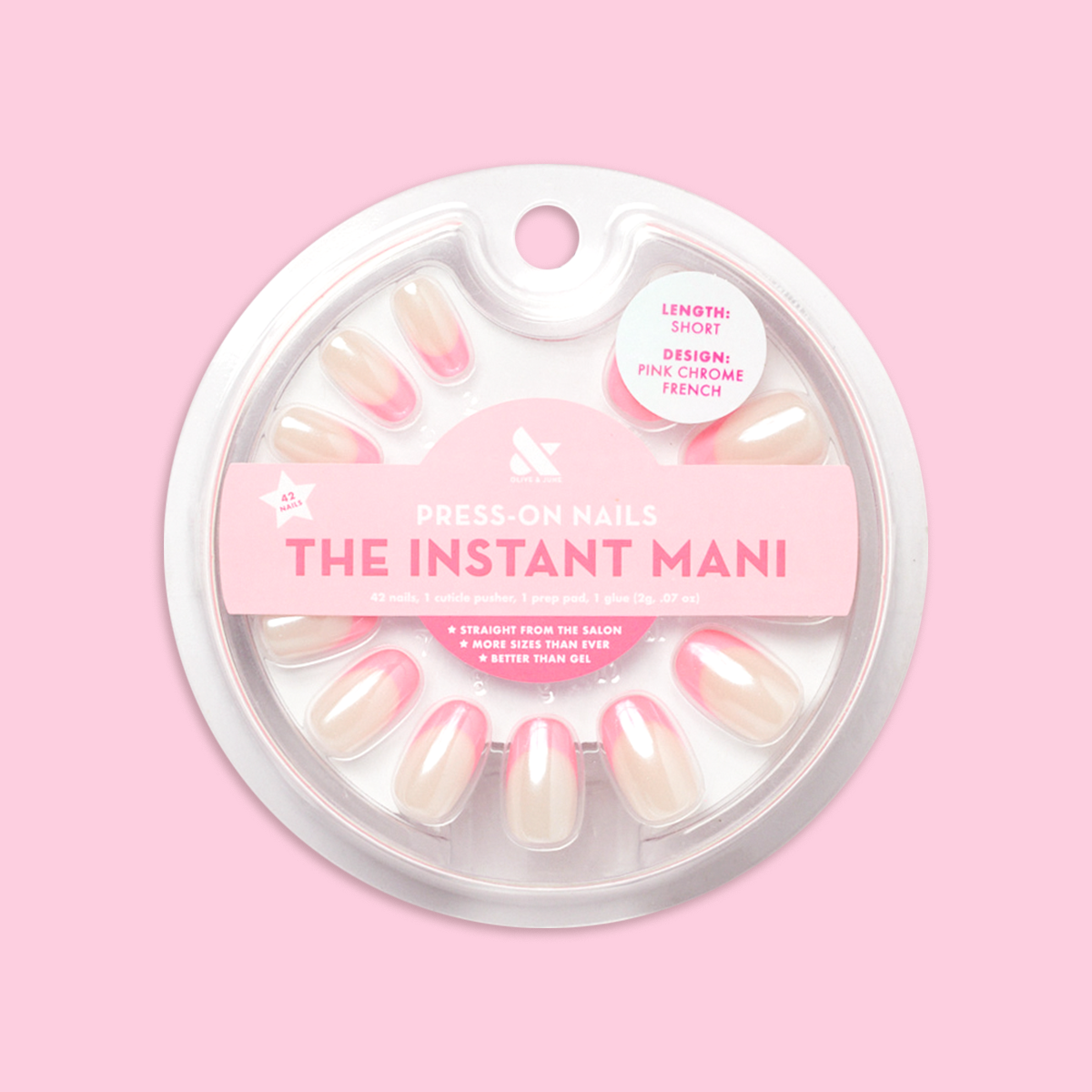 Pink Chrome French - Press-On | Short | Round showing short round press-on nails with pink chrome French tips in clear packaging