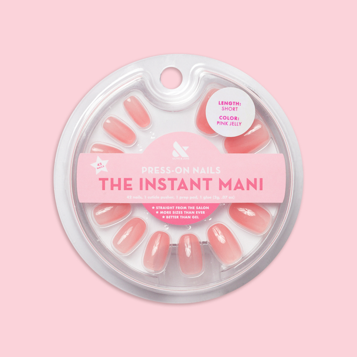 Pink Jelly - Press-On | Short | Round showing sheer pink jelly false nails in short round shape in clear circular package
