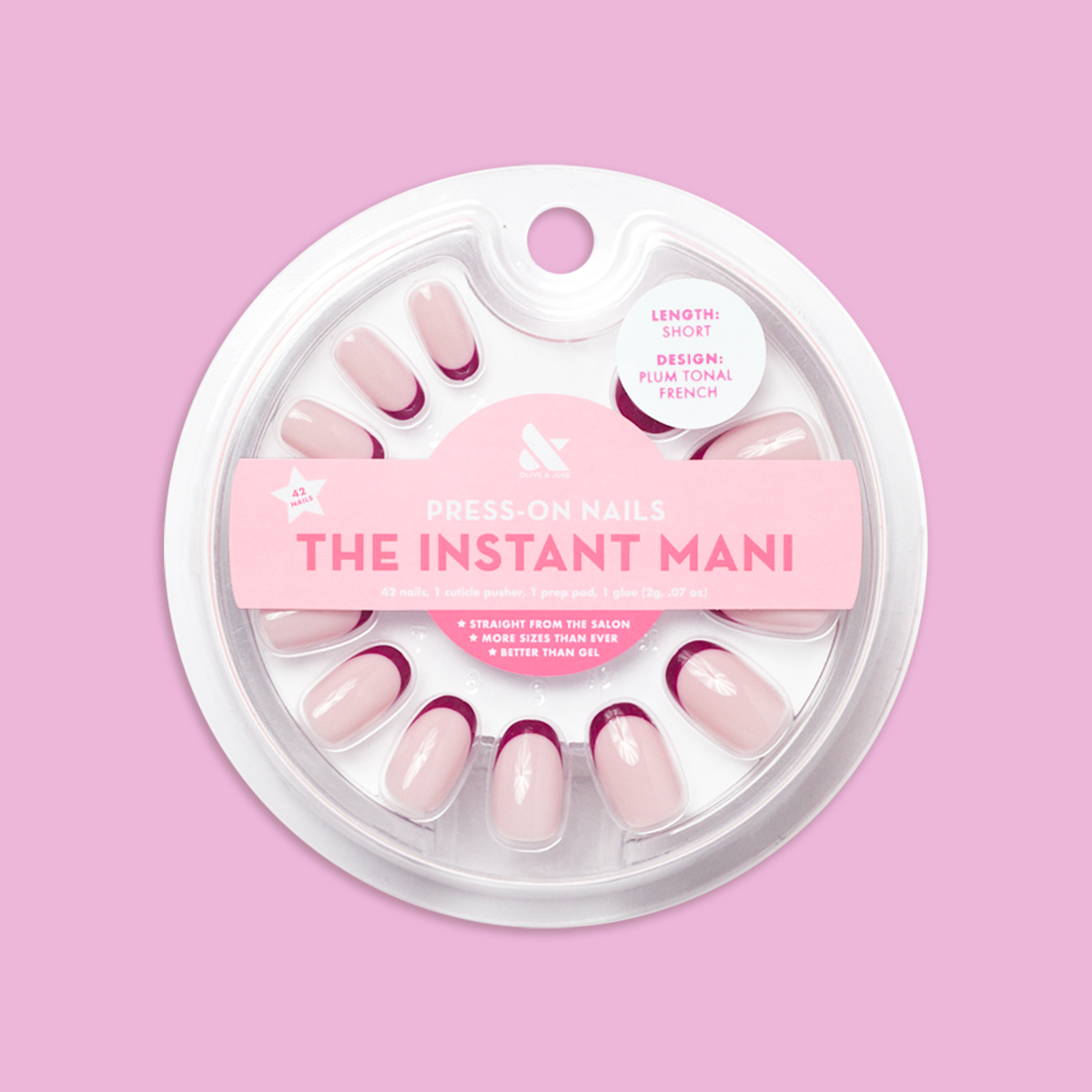 Plum Tonal French - Press-On | Short | Round showing short round press-on nails with plum French tips in clear round packaging