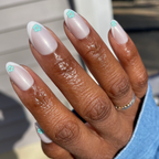 Puffy Flower Chrome French - Press-On | Medium | Almond nails with delicate blue puffy flower detail for an easy at-home mani