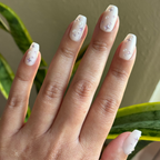 Puffy Sparkles & Pearls - Press-On | Medium | Coffin with soft neutral base and delicate 3D star and pearl accents on natural hand