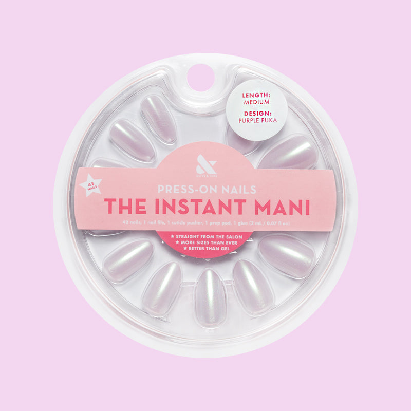 Purple Puka - Press-On | Medium | Almond featuring iridescent lavender medium almond false nails in circular packaging
