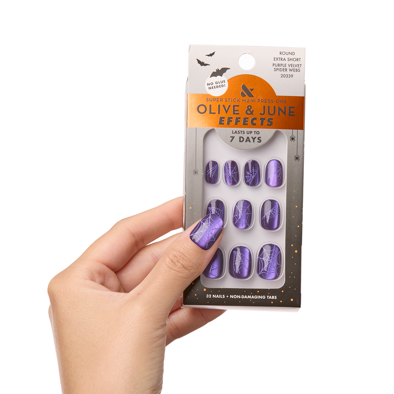 Purple Velvet Spiderwebs - Tab Press-On | Extra Short | Round