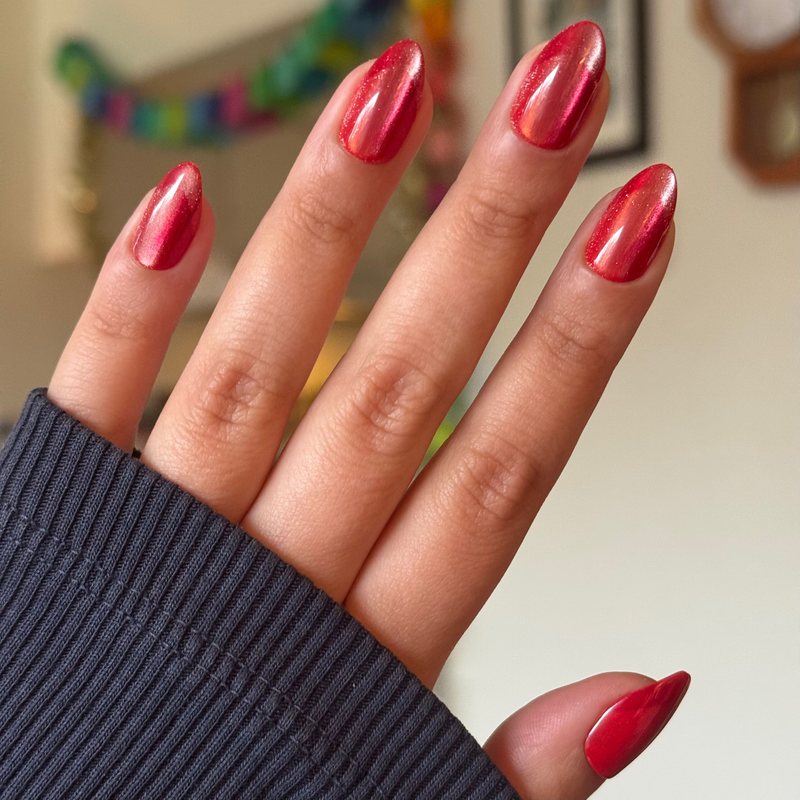 picture of Red Illusion Velvet French  - Press On | Medium | Almond