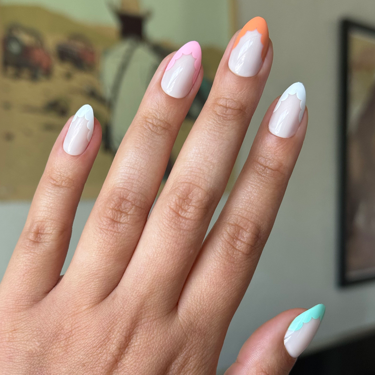 Scalloped French - Press-On | Medium | Almond with soft multi-color scalloped tips for easy at-home manicure