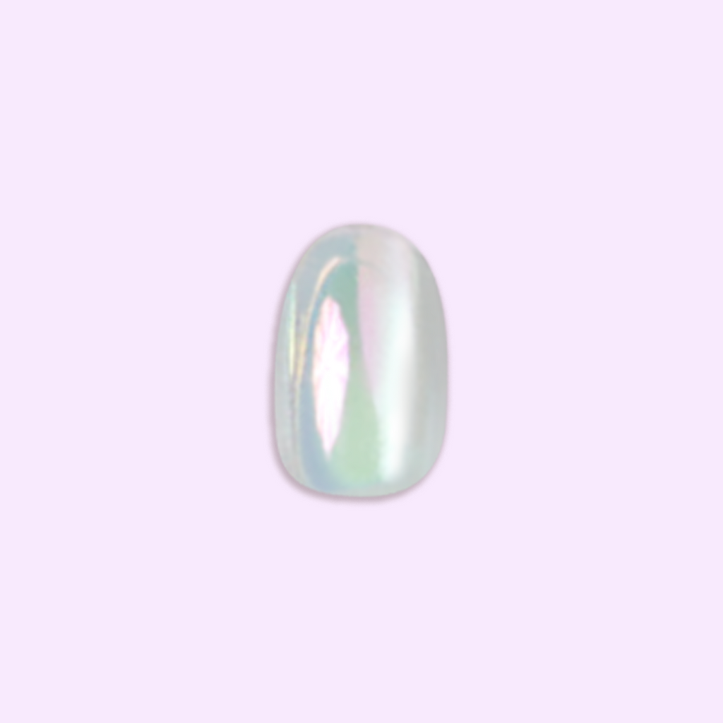 Sheer Lavender Shimmer - Press-On | Extra Short | Round showing iridescent lavender shimmer false nail on soft purple background