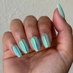 Teal Glass Chrome - Press-On | Medium | Coffin iridescent teal glassy medium coffin press-on nails on hand