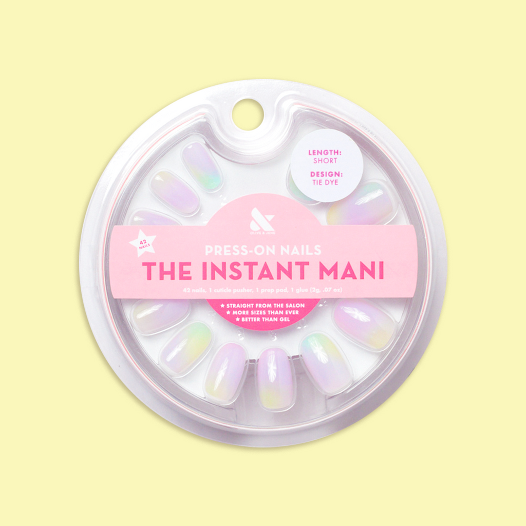 Tie Dye - Press-On | Short | Round showing pastel rainbow tie-dye false nails in clear round packaging on yellow background