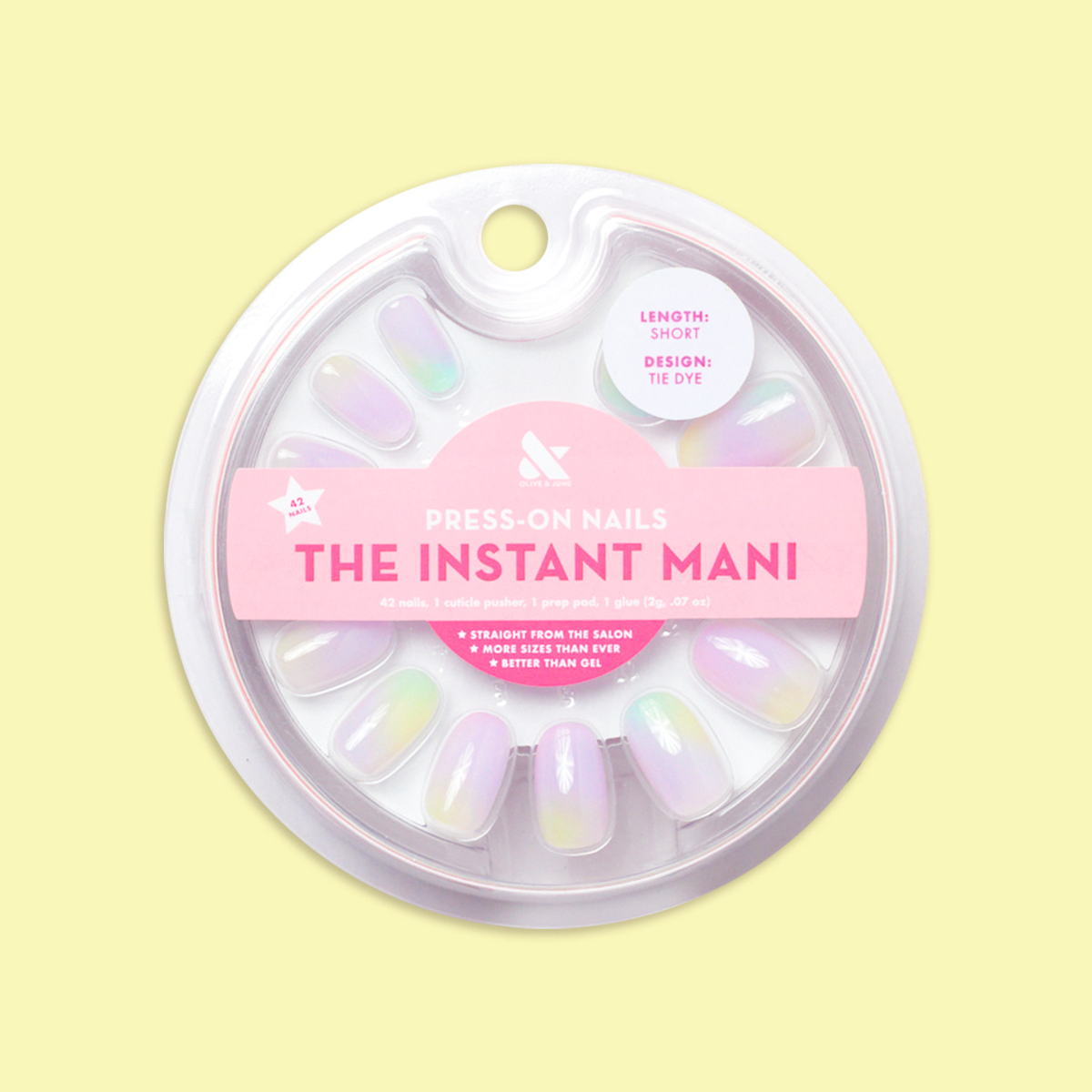 Tie Dye - Press-On | Short | Round showing pastel rainbow tie-dye false nails in clear round packaging on yellow background