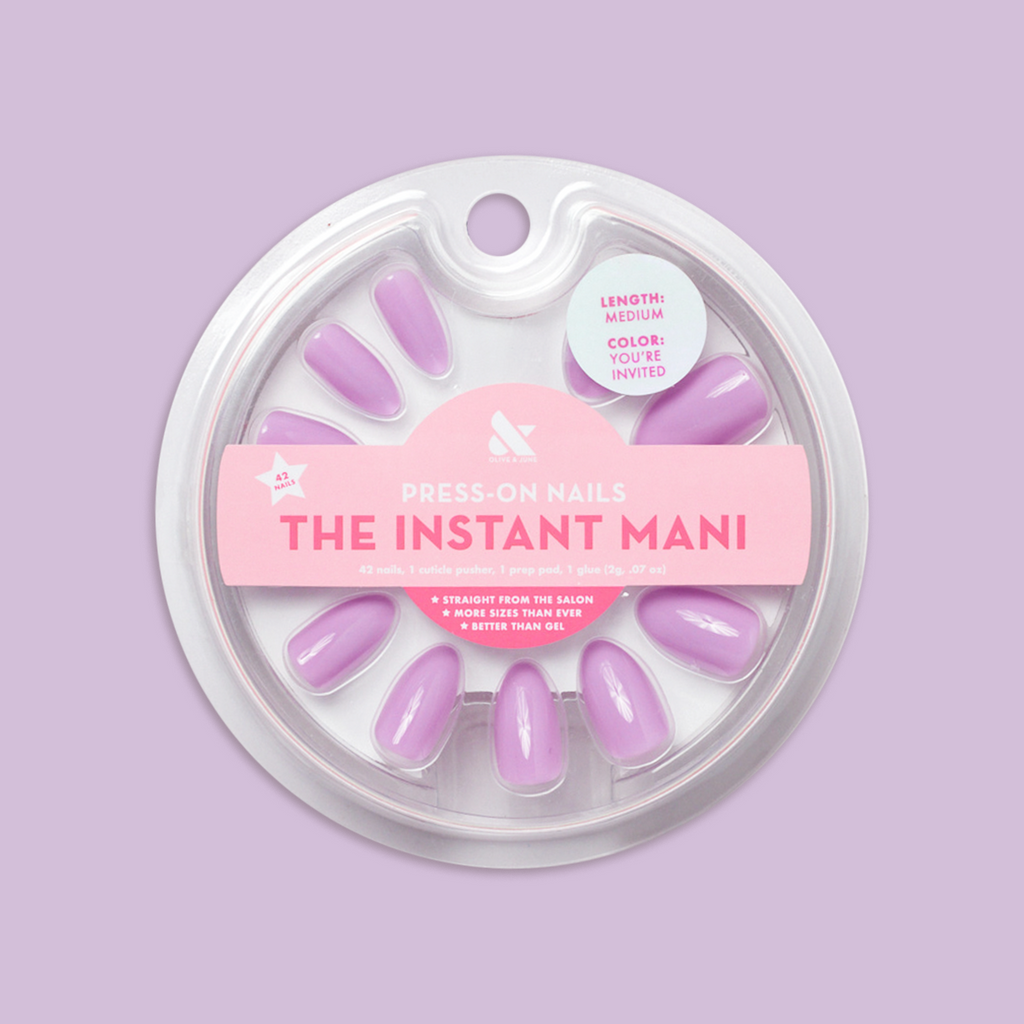 You're Invited - Press-On | Medium | Almond showing lilac purple medium almond false nails in round clear plastic package