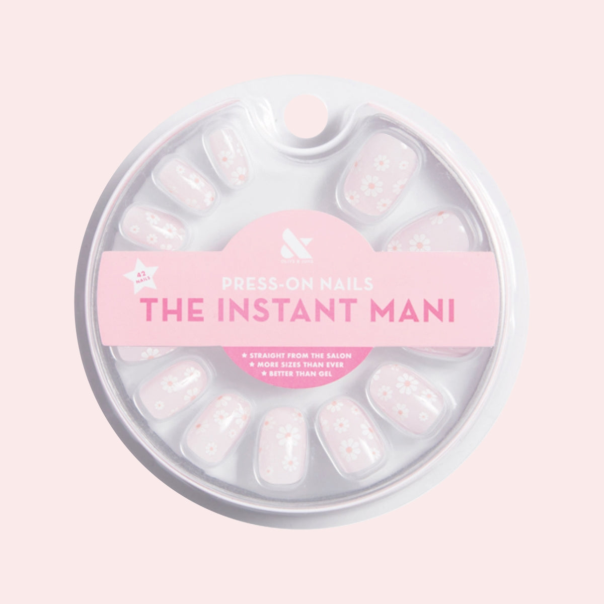 Flower Shower - Press-On | Extra Short | Round with white daisy floral print on soft pink base for easy at-home manicure