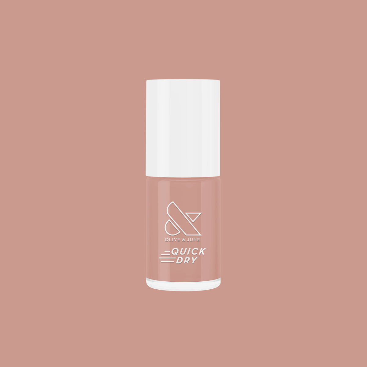 Bottle of Howdy neutral beige nail polish with quick dry formula on matching beige background