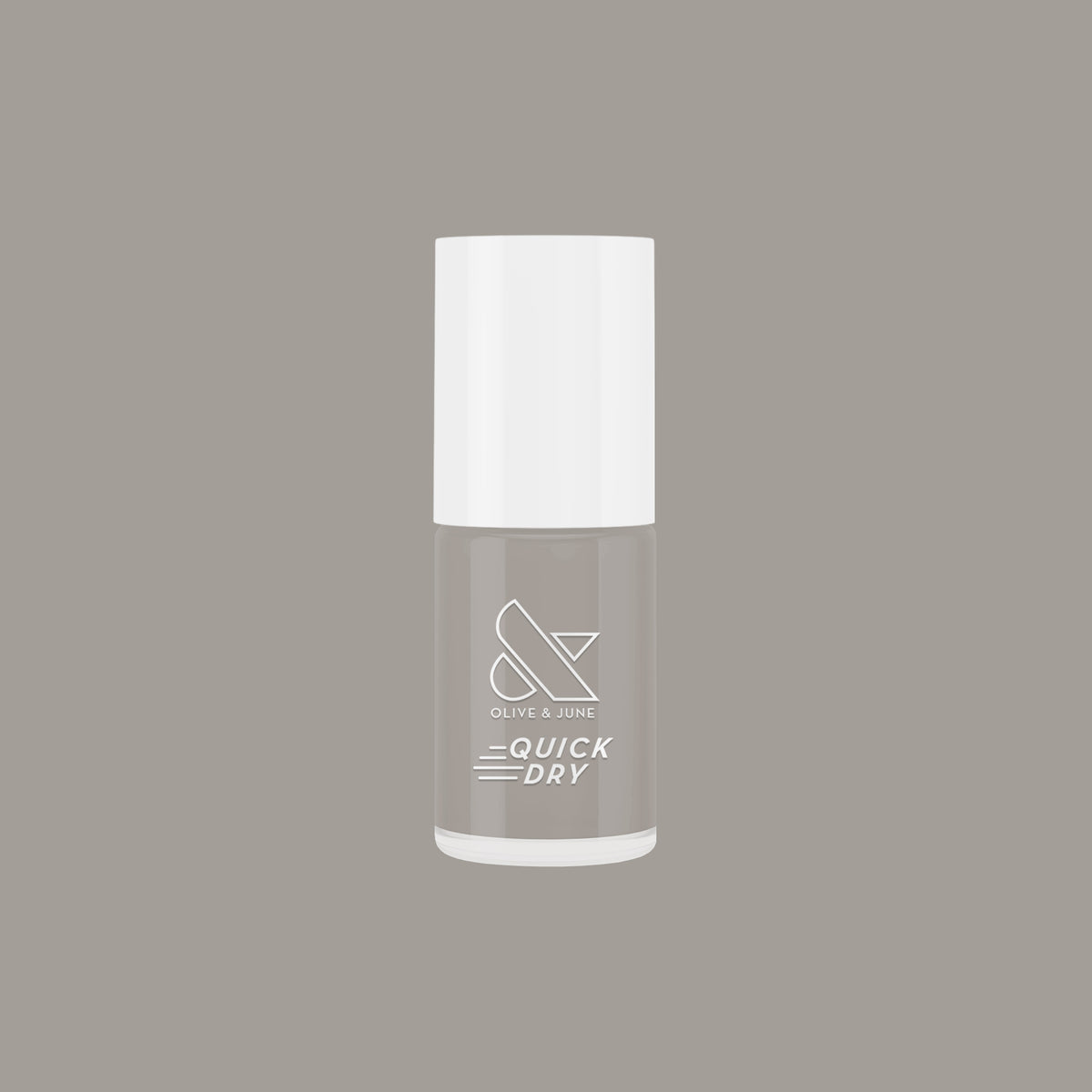 Bottle of Olive and June Koala quick dry nail polish in neutral soft grey shade on matching background