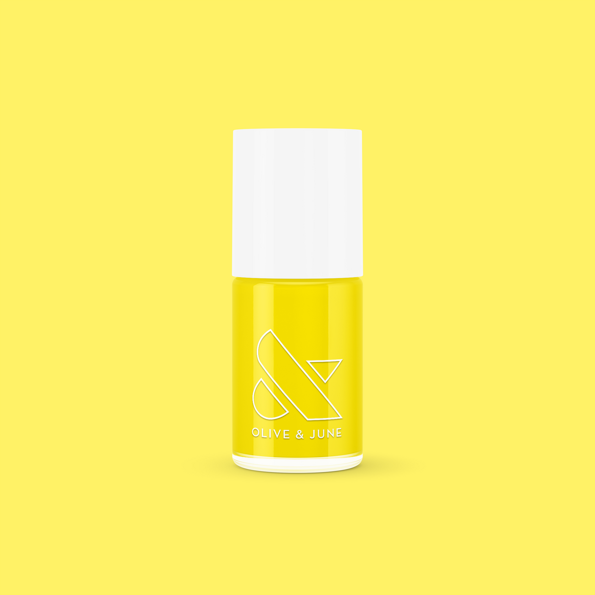 Bottle of Lemony Lemon nail polish by Olive and June with bright yellow neon gel polish on yellow background