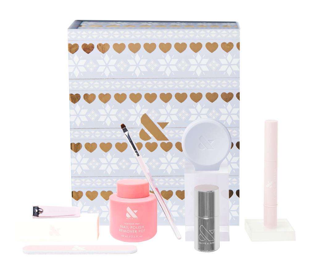 The Bonus Fall Mani System - Long Lasting - 6 Polishes with remover pot, brush, nail tools, and festive holiday packaging