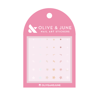 Package of SHIMMERY STARS nail art stickers in metallic gold, silver, rose gold, and white by Olive and June SHIMMERY STARS  Nail Art Stickers
