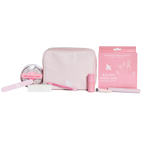 Press-On System - 4 Sets displayed with pink pouch, nail file, remover kit, brush, and nail polish for easy at-home mani care