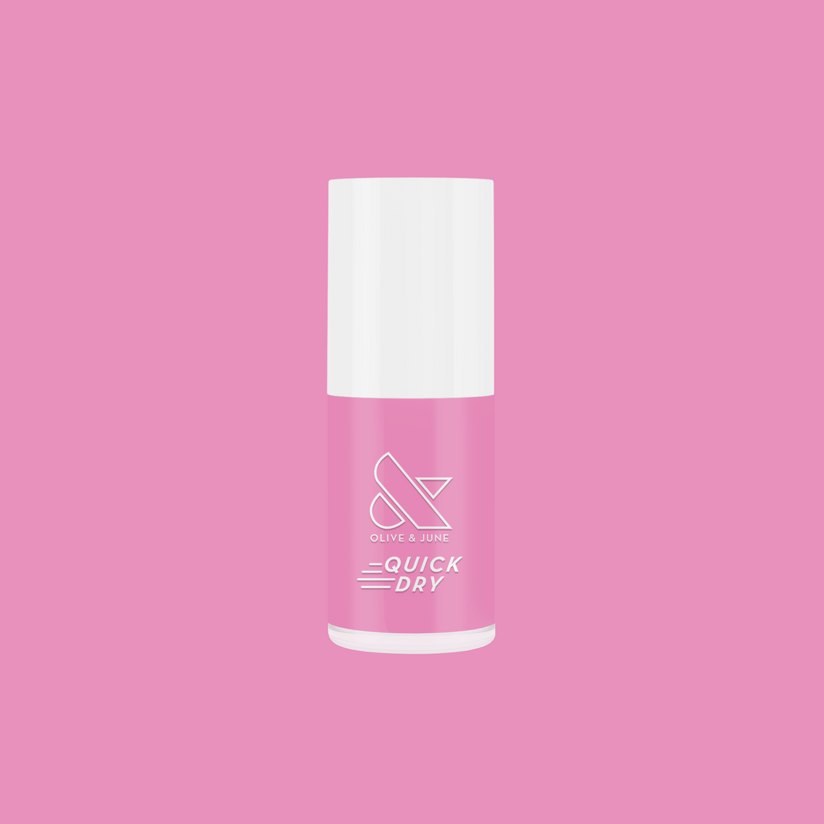 Bottle of Taffy quick dry gel polish in bright pink by Olive and June on a solid pink background