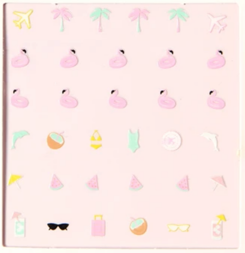 Cabana Love nail art featuring tropical icons like flamingos, palm trees, swimsuits, and summer accessories for manicure fun