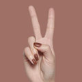 Hand with matte brown nails in a peace sign gesture coated in The Matte Top Coat for a smooth manicure finish thumbnail