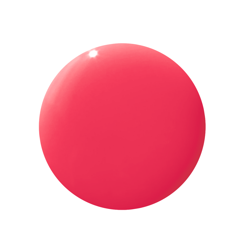 Glossy round swatch of Pomodoro quick dry nail polish in vibrant pinky-tomato red for manicures and pedicures