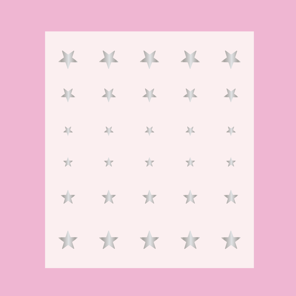 Sheet of silver Stars nail art stickers in multiple sizes for Stars manicure and mani decoration on a pink background