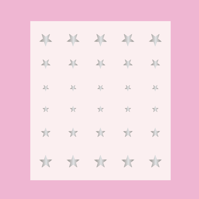 Sheet of silver Stars nail art stickers in multiple sizes for Stars manicure and mani decoration on a pink background