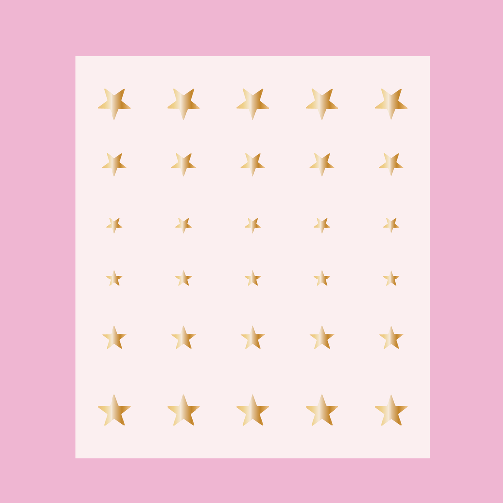 Sheet of gold Stars nail art stickers in varying sizes for mani and manicure decoration with the Stars design