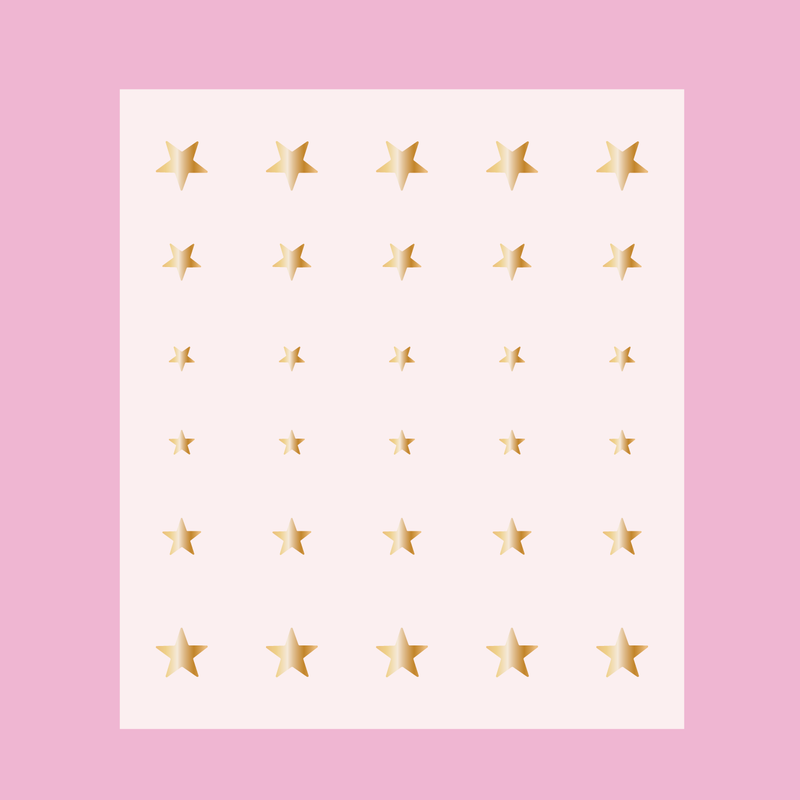 Sheet of gold Stars nail art stickers in varying sizes for mani and manicure decoration with the Stars design