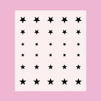Sheet of black star stickers in varying sizes for Stars nail art and manicure decoration on a pale pink background